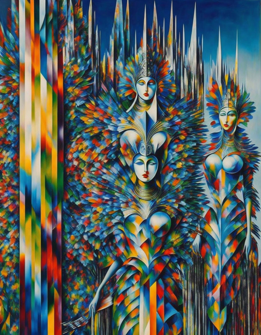 Colorful surreal painting of three figures with feather-like details and elongated headdresses against a backdrop of