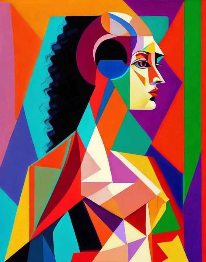 Abstract Cubist Portrait with Vibrant Geometric Shapes and Colors