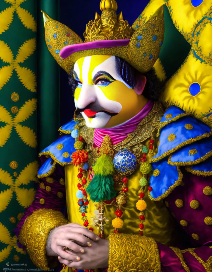 Colorful Jester Costume Portrait with Intricate Makeup and Golden Crown