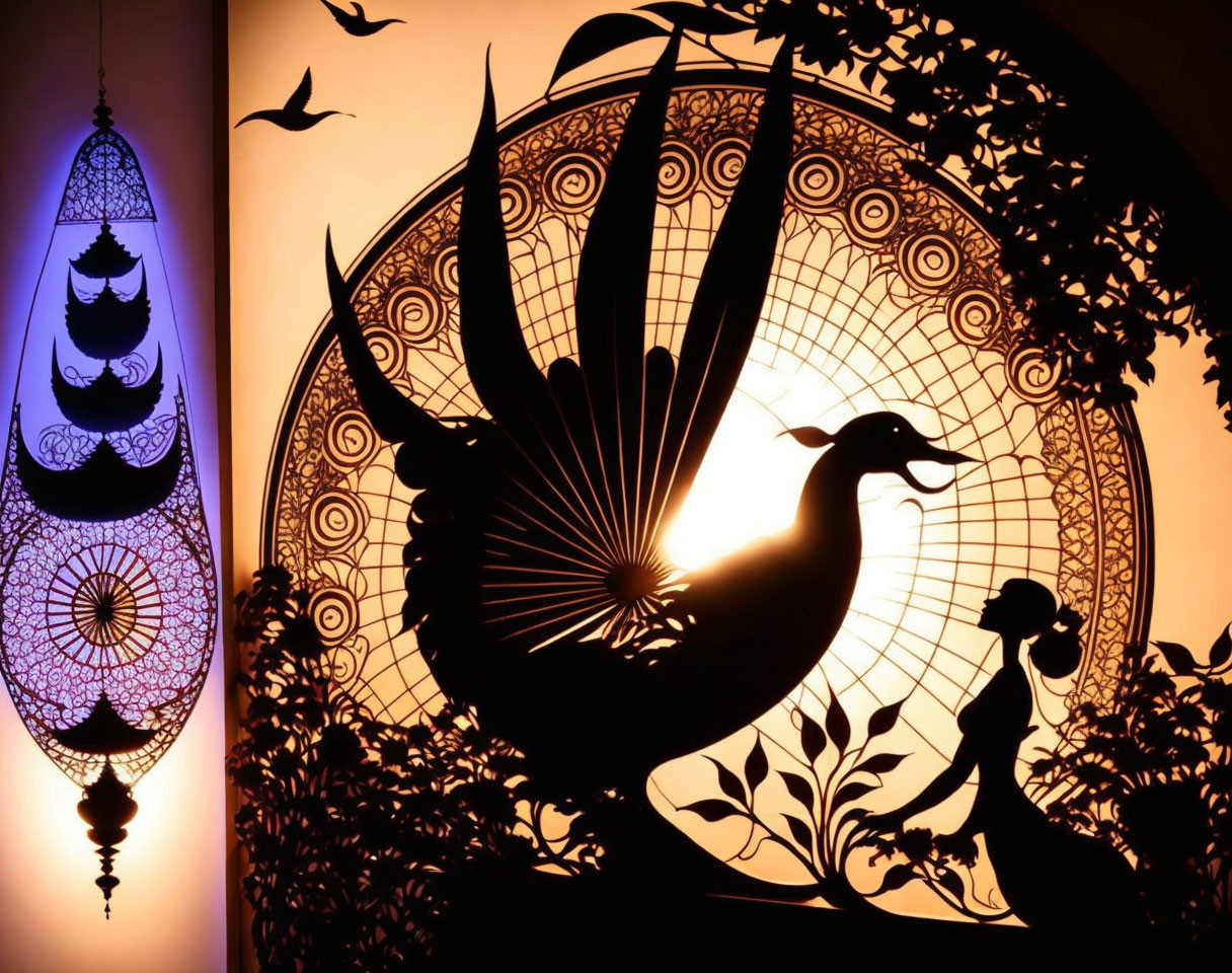 Silhouette of peacock and woman with decorative background and ornate lamp