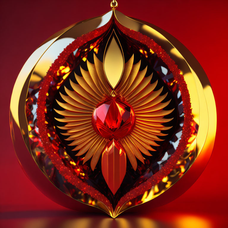 Intricate Golden Pendant with Red Gemstone on Red Background