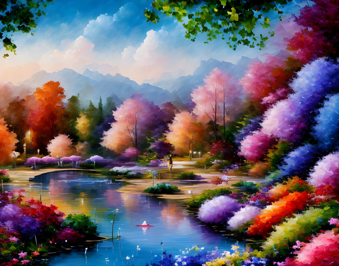 Scenic park painting with blooming trees, lake, mountains, and bridge