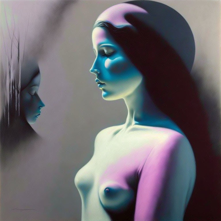 Surreal painting of woman with bluish-purple skin and shadowy profile.