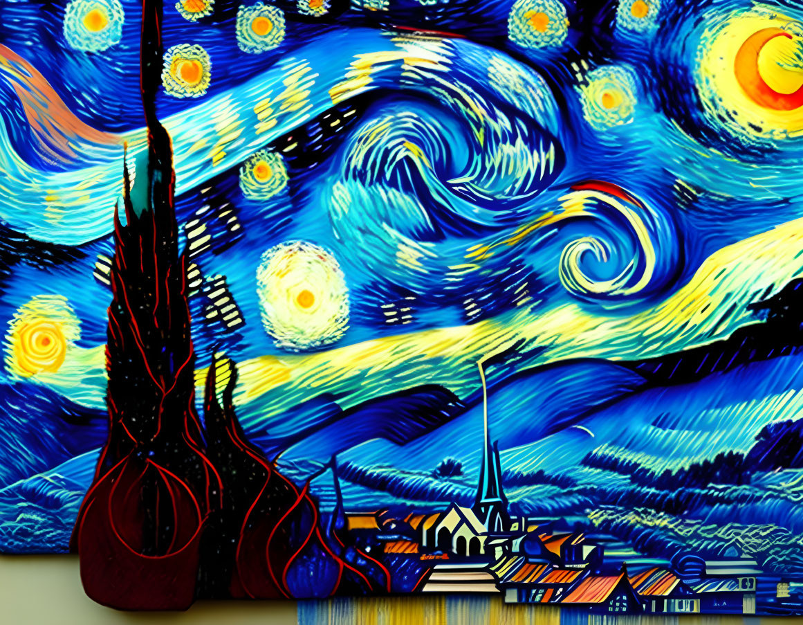 Vibrant painting of swirling blue sky and stars above quaint town with silhouette sculpture.