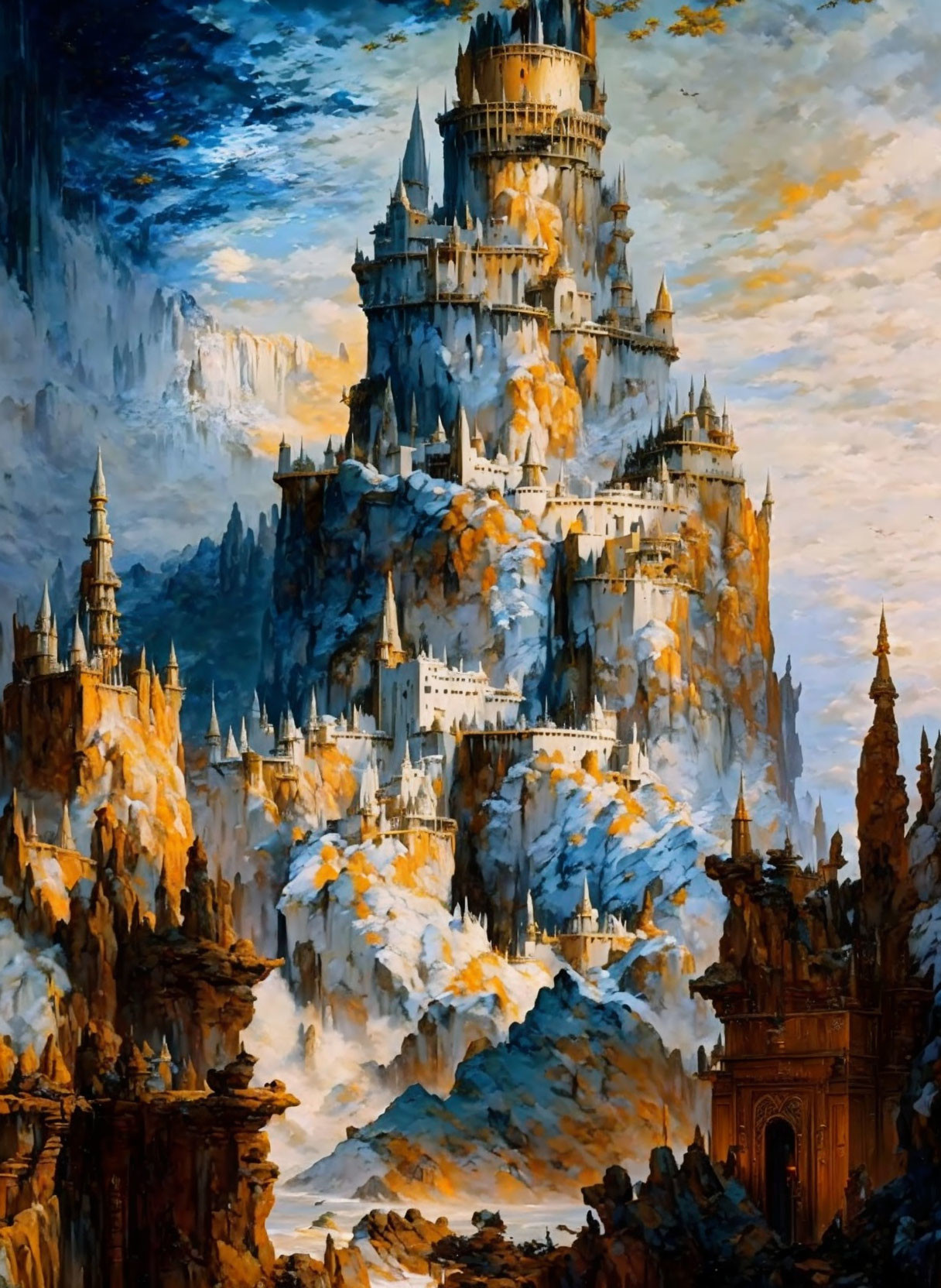 Fantastical painting of castle on icy cliffs