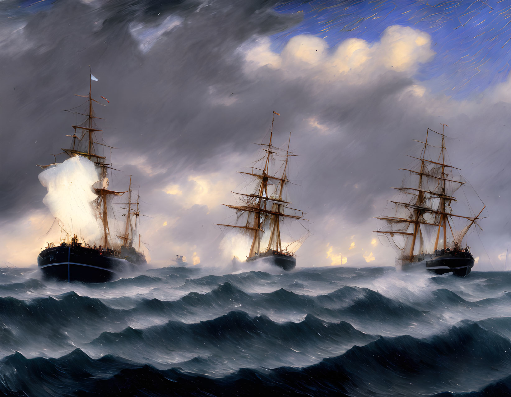 Three tall ships sailing in stormy seas under dramatic sky