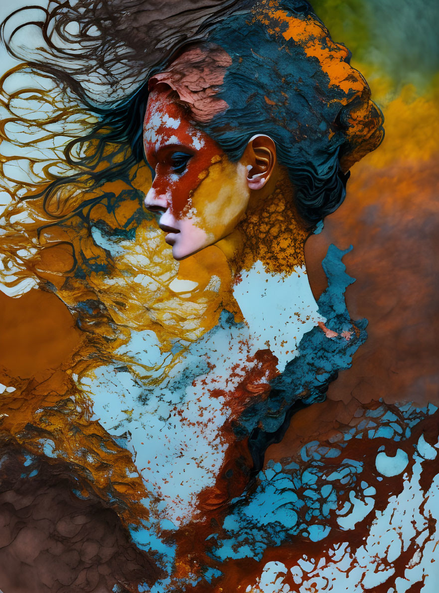 Vibrant abstract paint overlay on artistic portrait with colorful backdrop