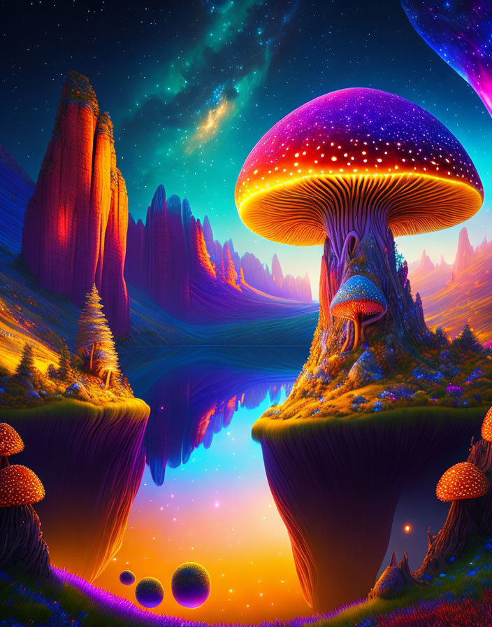 Colorful landscape with glowing mushroom, mountains, and river