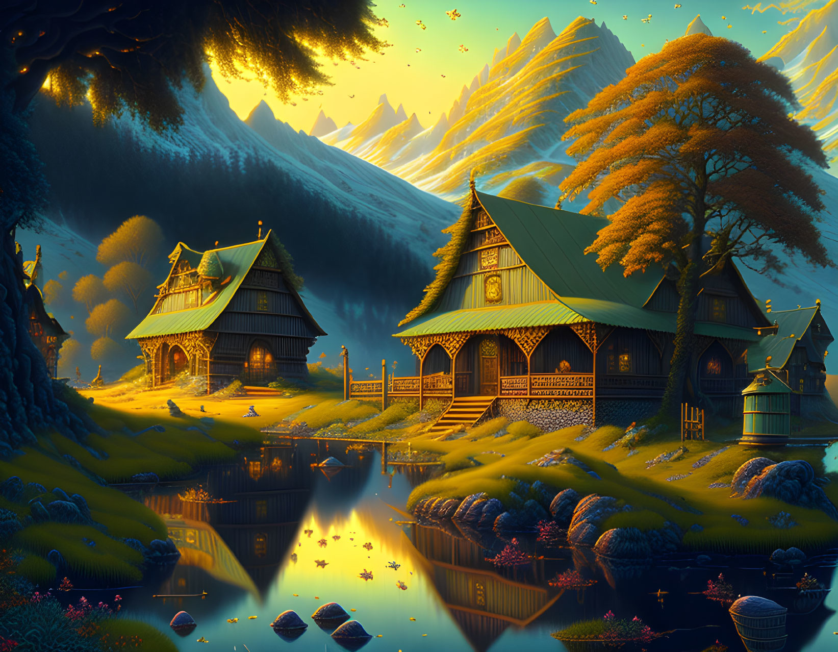 Fantasy landscape with wooden cottages, lake, trees, mountains at twilight