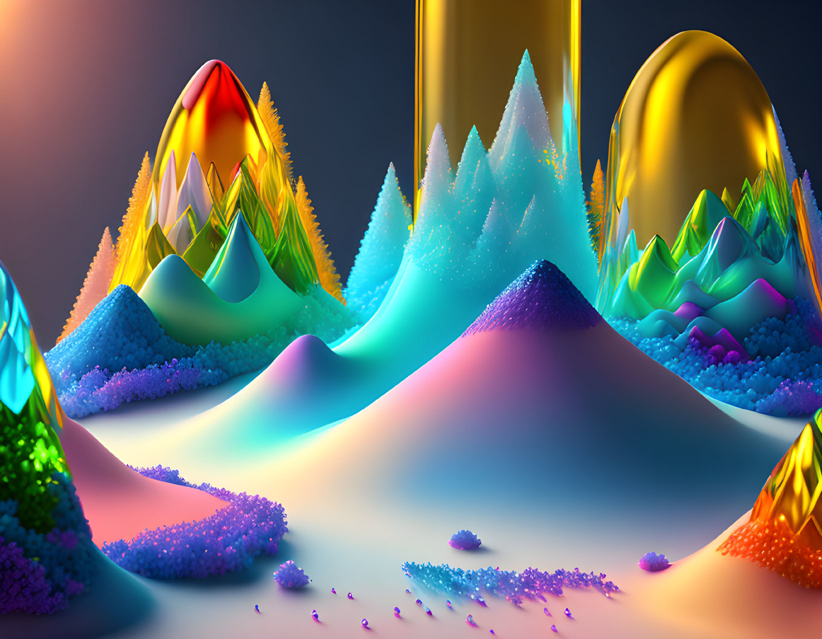 Colorful Stylized Mountains & Egg-Shaped Structures in Digital Landscape