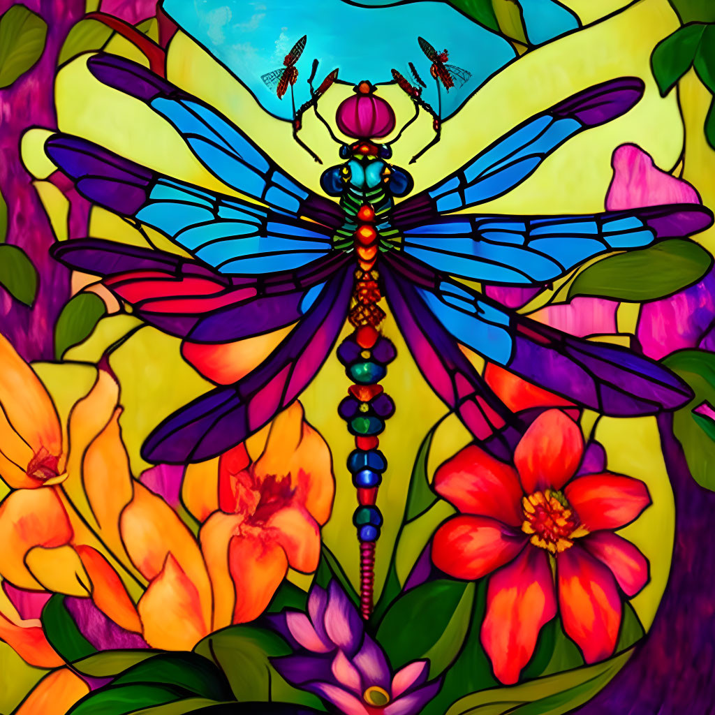 Vibrant dragonfly with expanded wings in colorful stained glass style