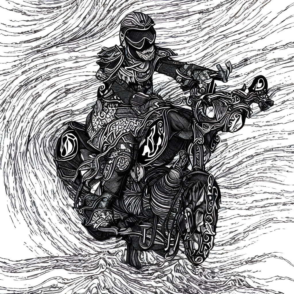 Monochromatic person on detailed motorcycle with swirling line art