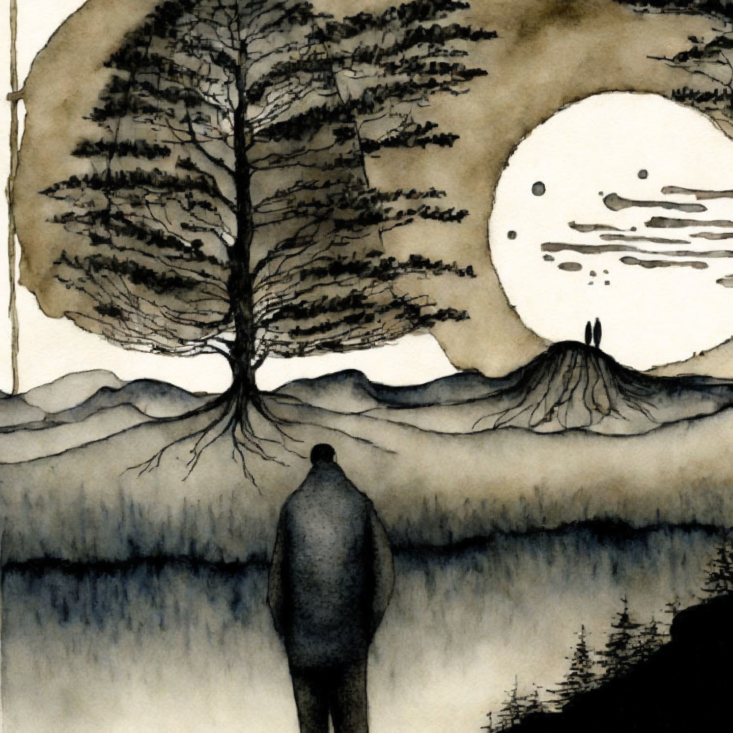 Monochrome watercolor of person under moon gazing at tree & mountains