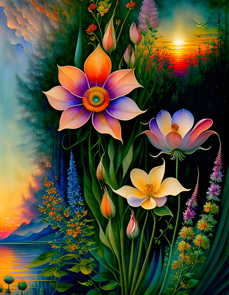 Colorful Flower Painting with Sunset, Lake, and Mountains