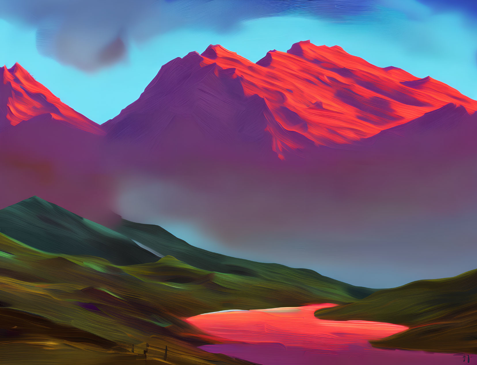 Digital painting of luminous pink sunset over mountain range & reflective lake