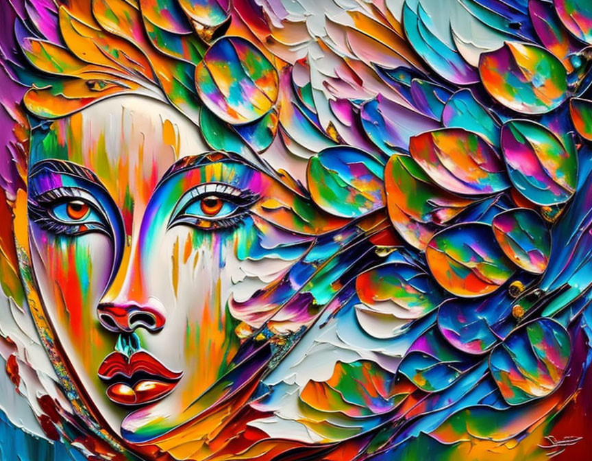 Colorful Abstract Painting of Woman's Face with Feathers/Scales