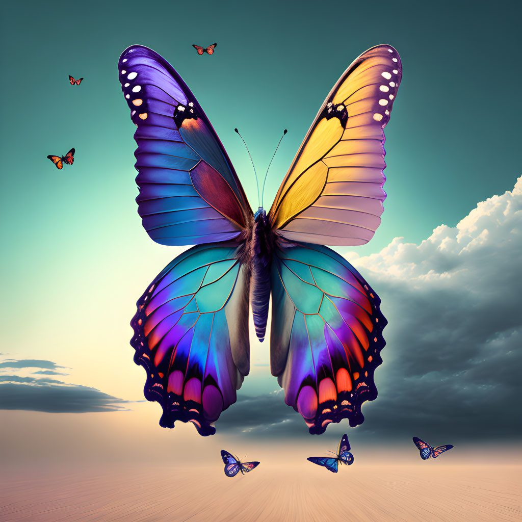 Colorful oversized butterfly in desert landscape with smaller companions