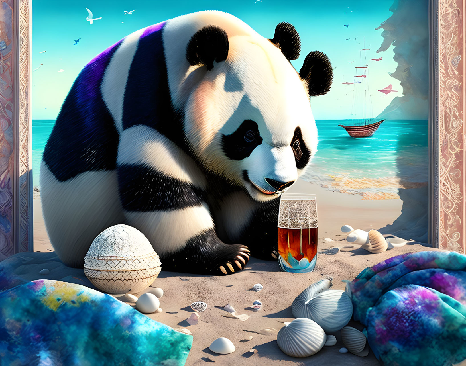 Panda relaxing on sandy beach with drink and seashells