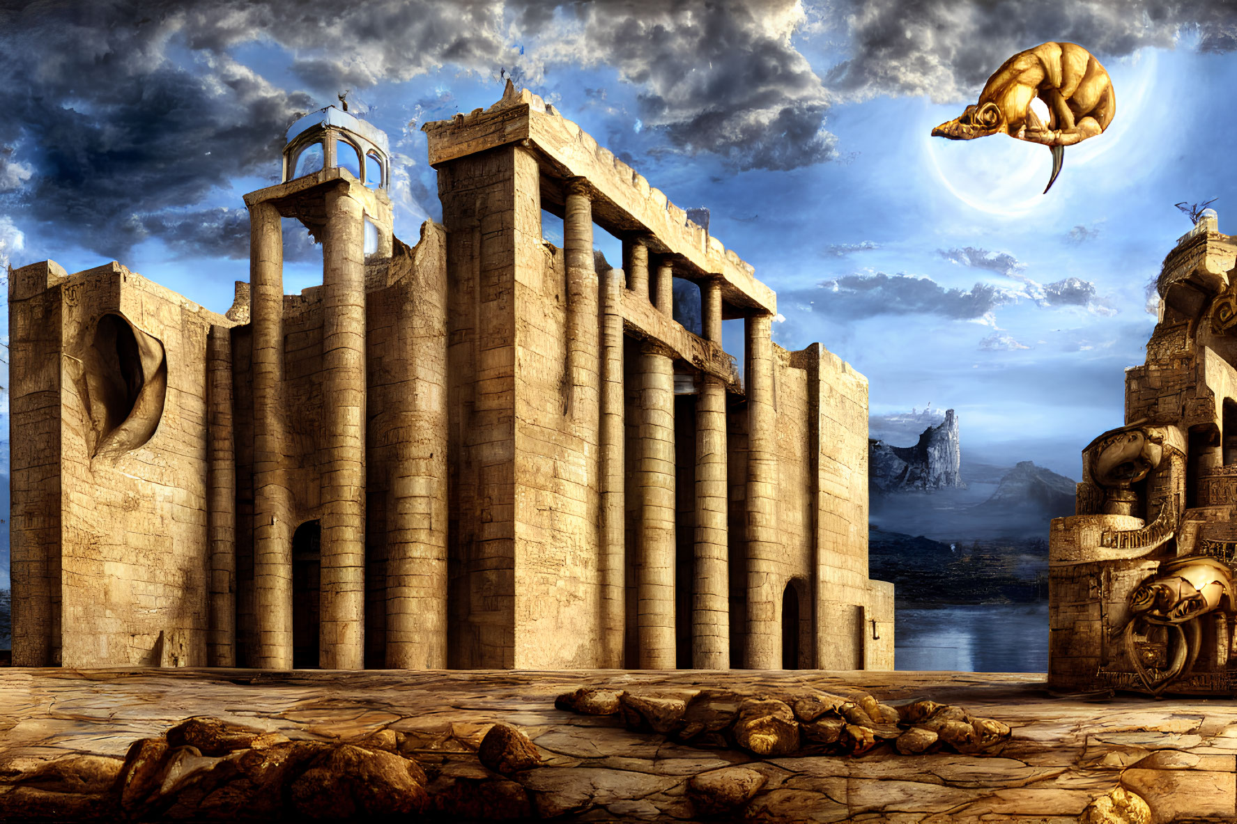 Fantasy artwork: Ancient temple, floating island, elephant, moon, surreal desert landscape