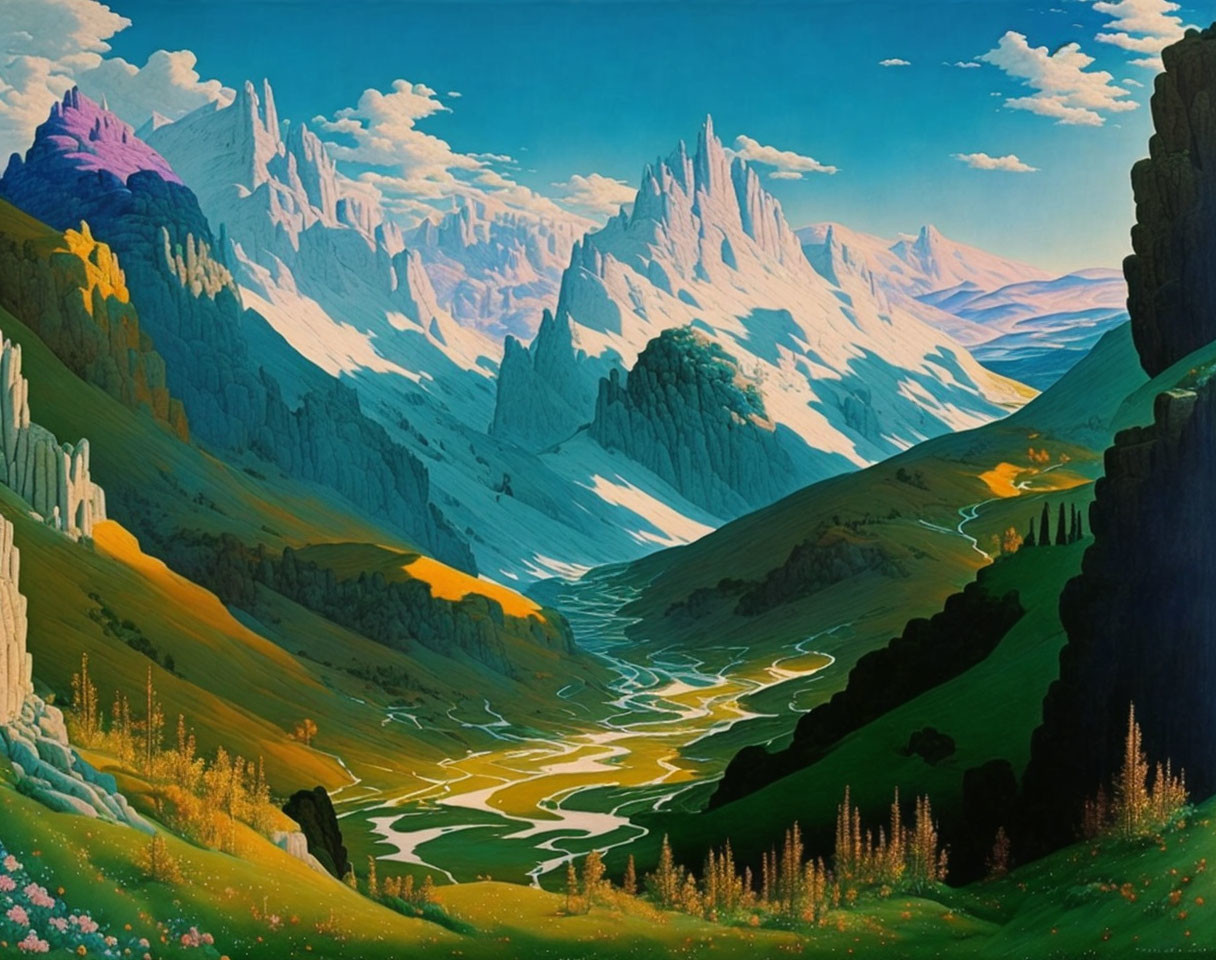 Scenic landscape painting of mountain valley with rivers and snow-capped peaks