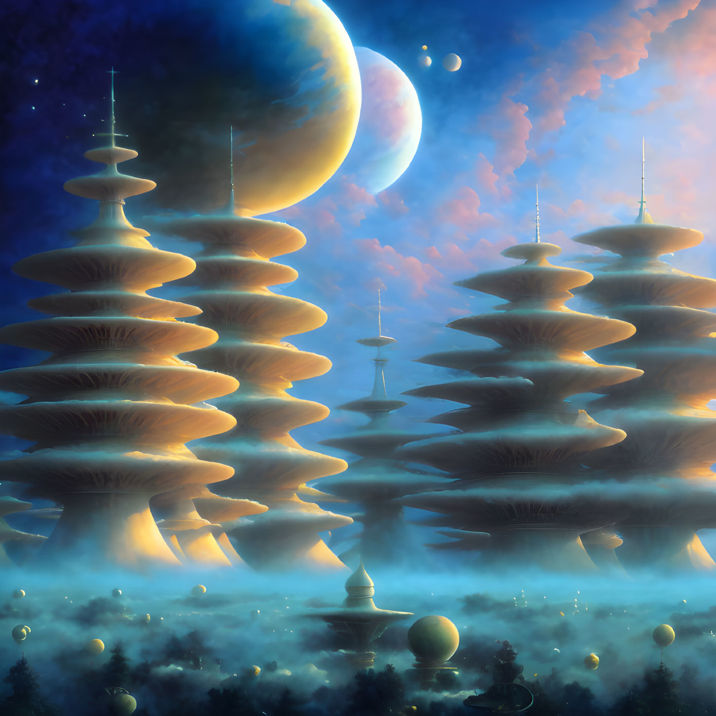 Futuristic towers with circular layers in misty landscape under celestial sky.