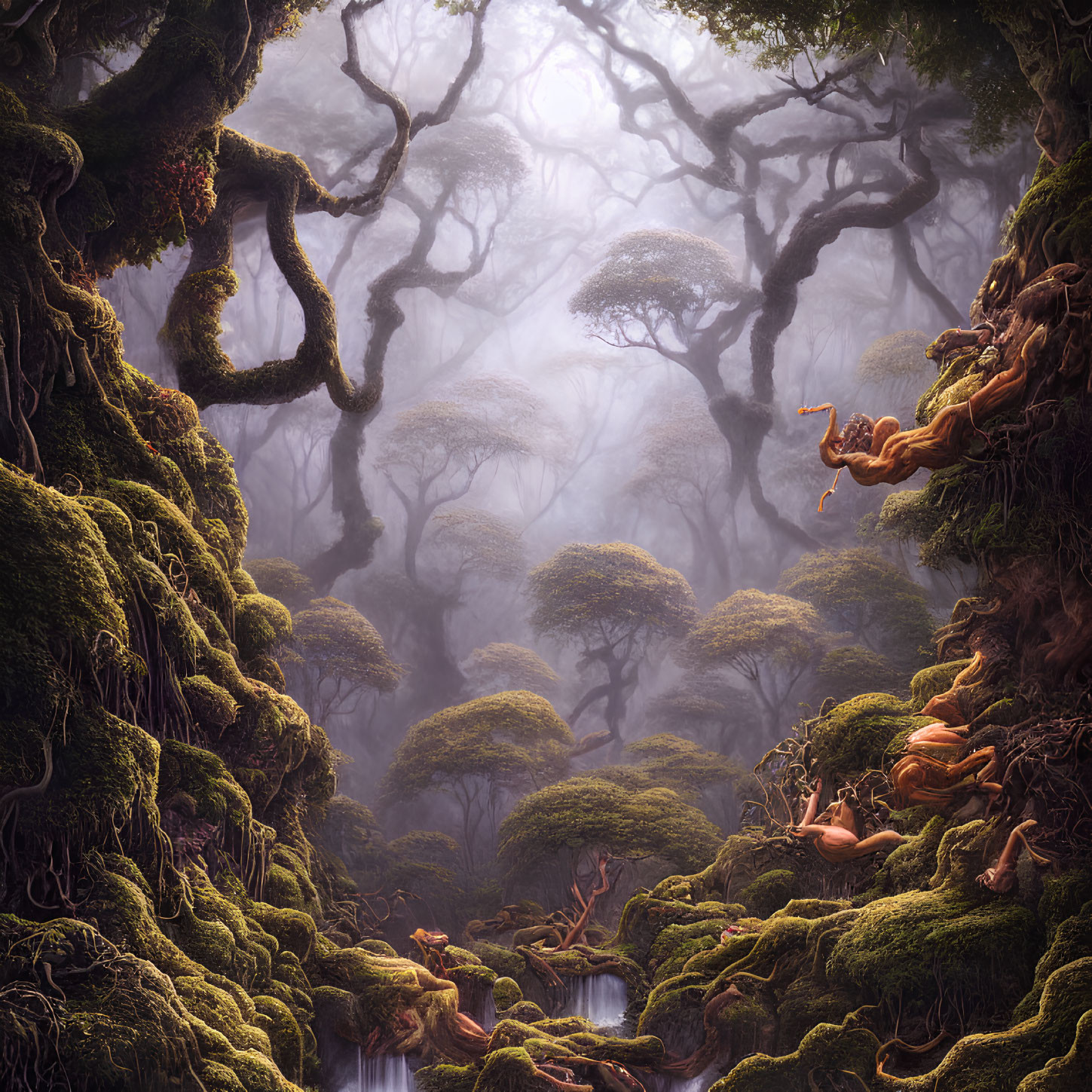 Moss-covered trees in misty forest scene