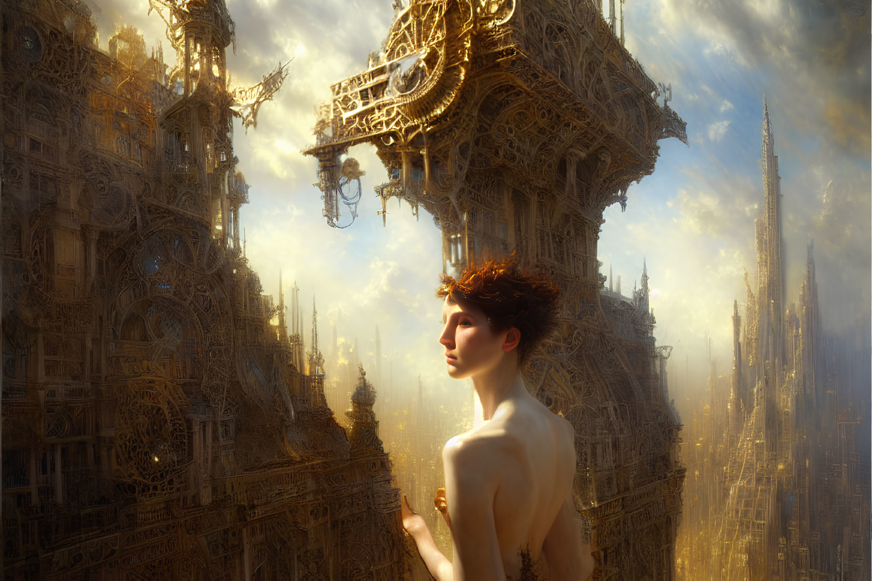 Short Red-Haired Woman Contemplates Golden Fantasy Cityscape