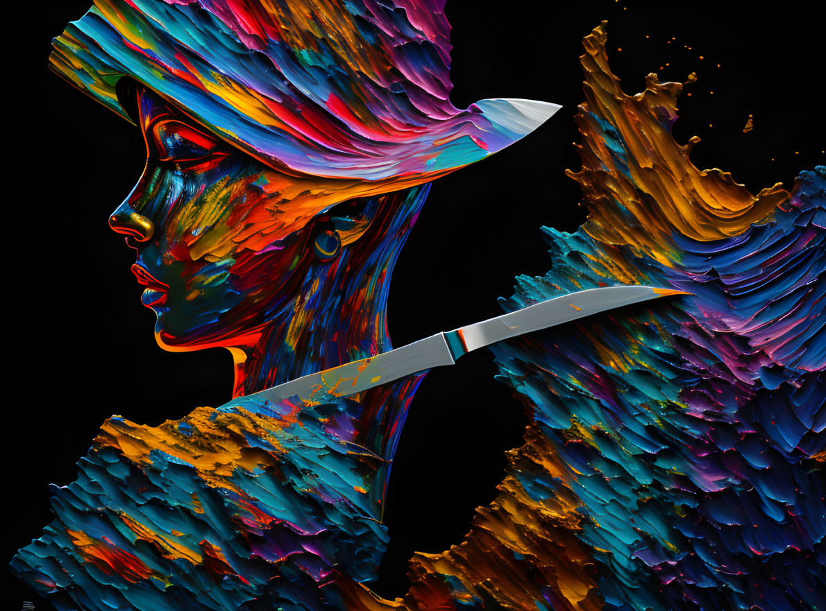 Colorful digital artwork of woman with hat, dynamic strokes, textured details, knife element