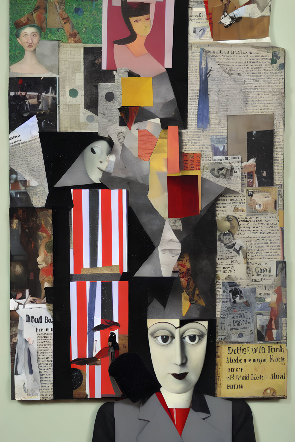 Mixed Media Collage Featuring Newspaper Clippings, Photos, Geometric Shapes, and Painted Port