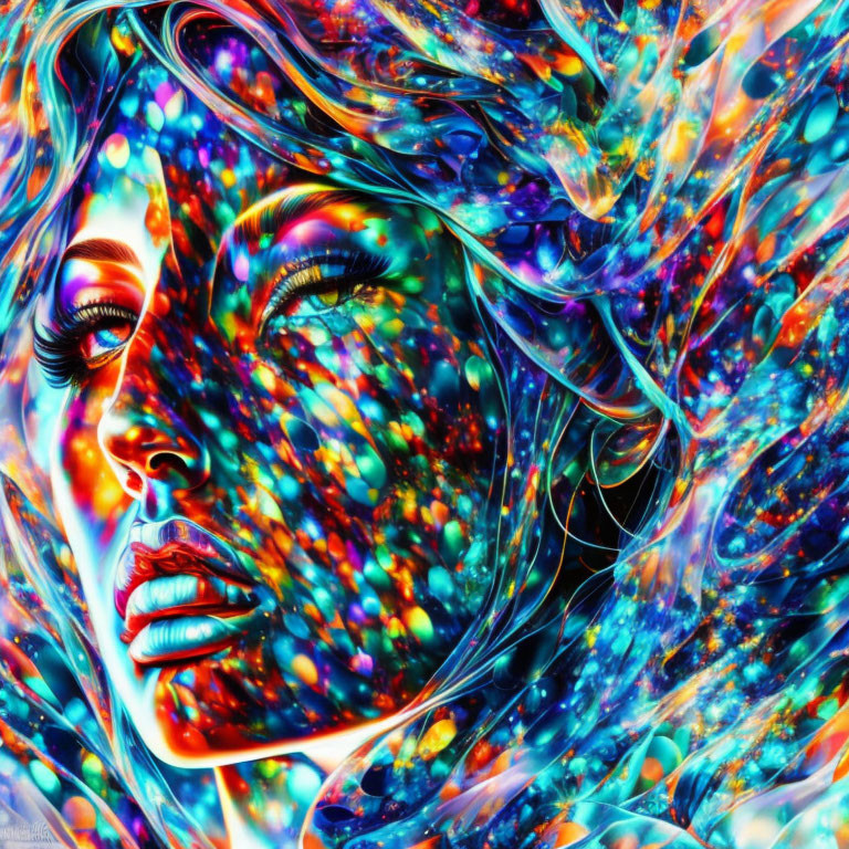 Colorful digital artwork: Woman with flowing hair and psychedelic patterns