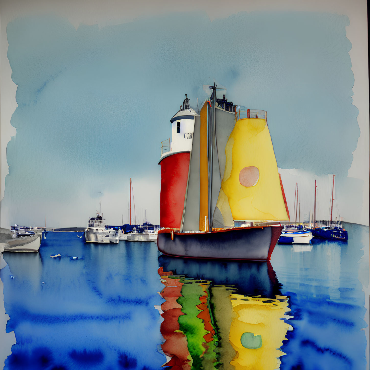 Vibrant watercolor painting of sailboats in marina with lighthouse