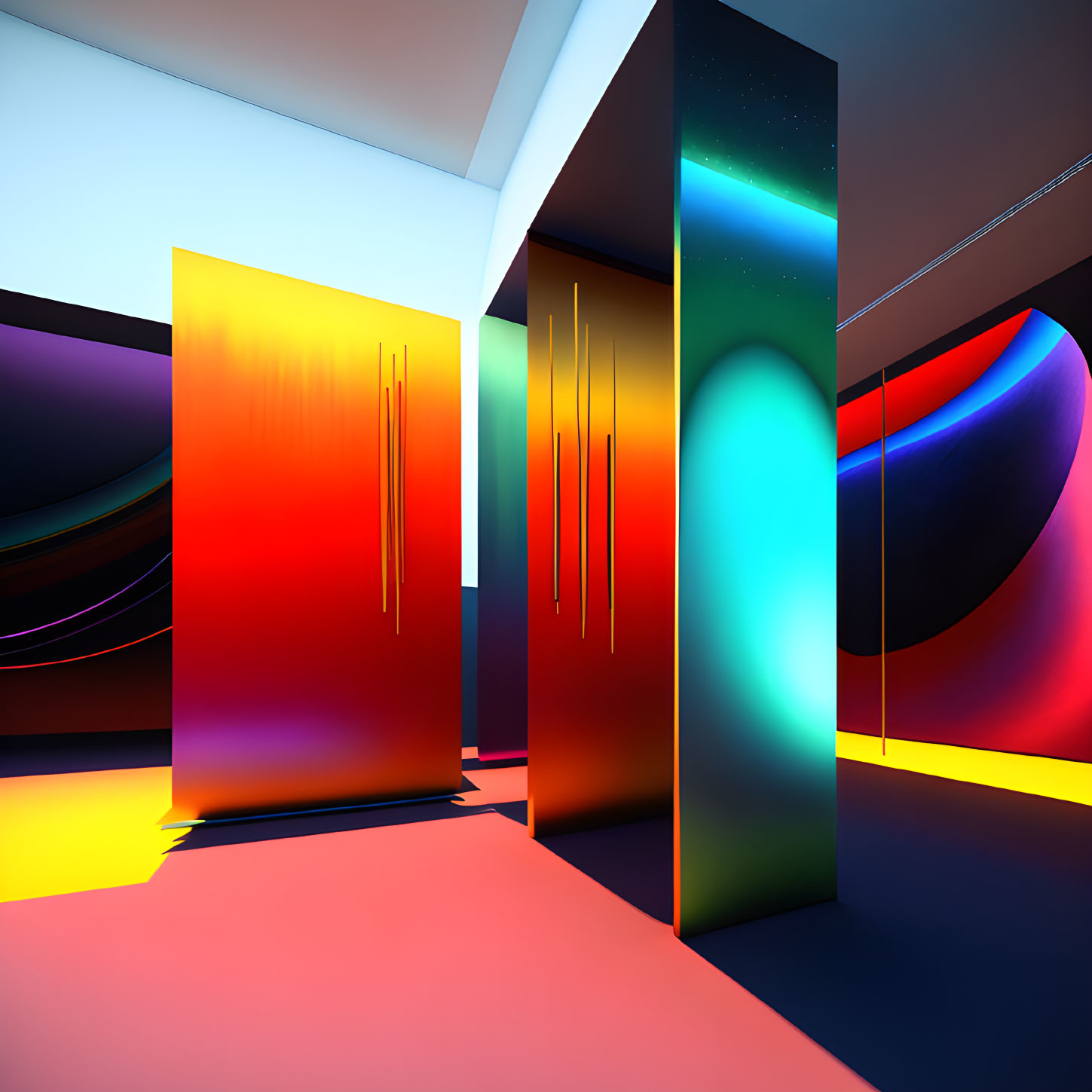 Vibrantly colored panels with gradients and cosmic motifs in abstract art installation