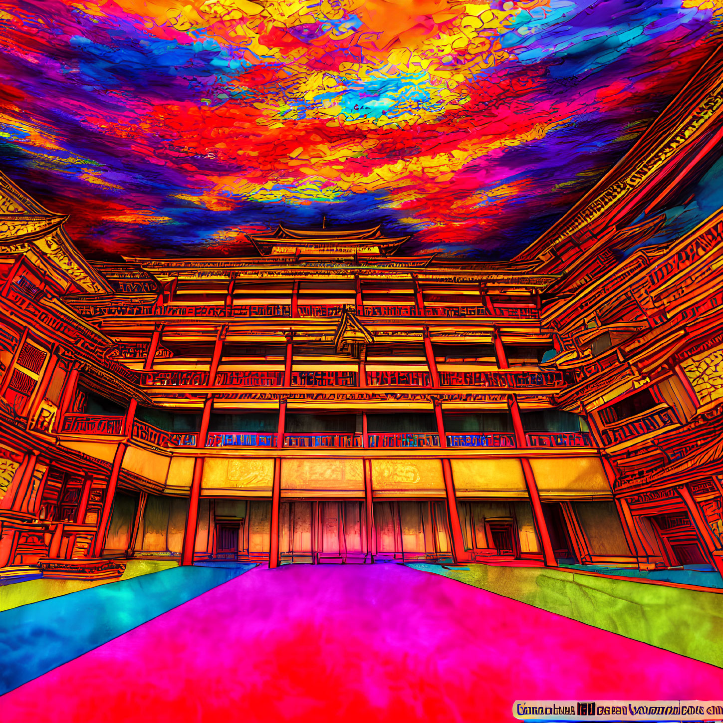 Colorful Psychedelic Asian-Style Palace Illustration