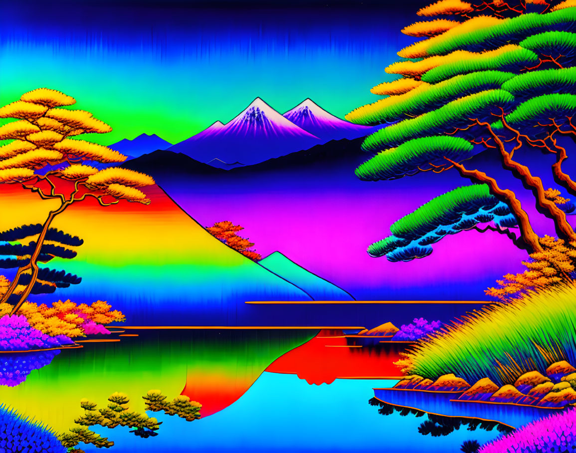 Neon-colored digital art landscape with stylized nature elements