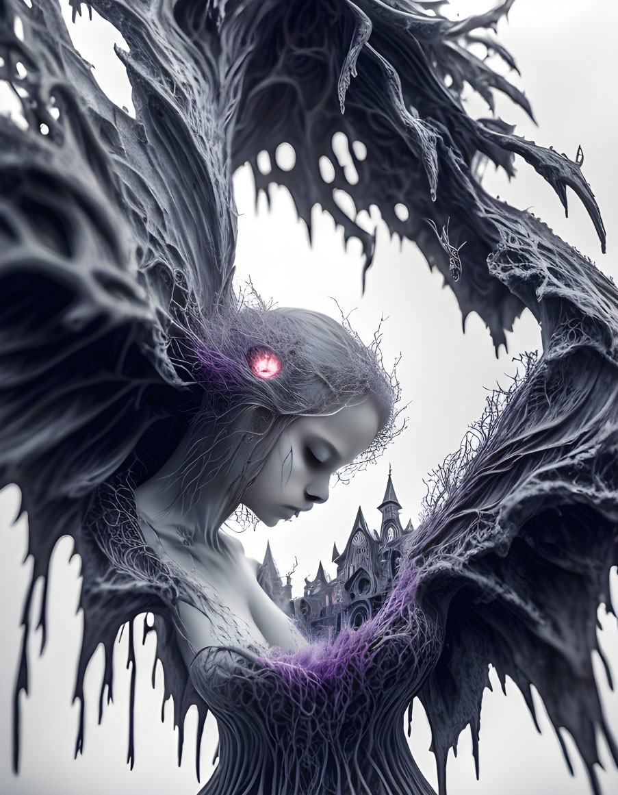 Gothic fantasy art: Serene woman with illuminated eye, dark tree-like structures, castle backdrop