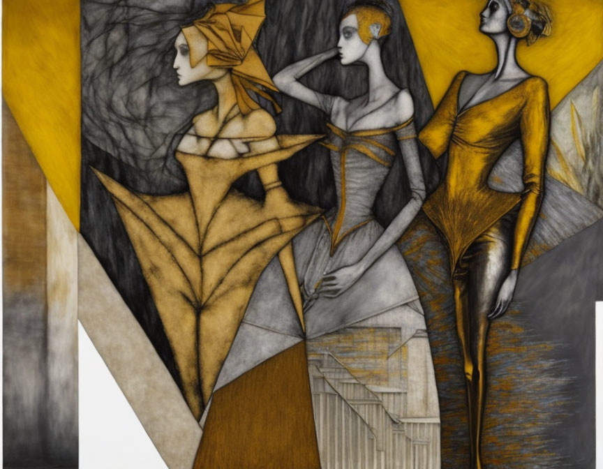 Abstract Art: Stylized Female Figures in Yellow and Brown Hues