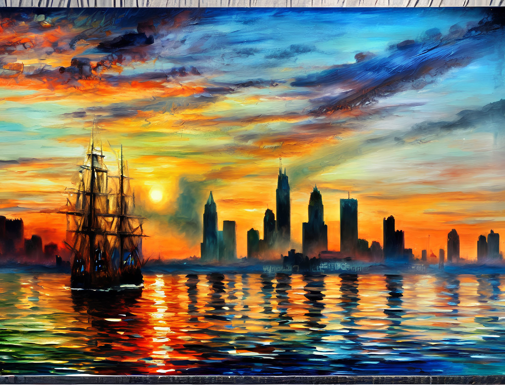 Colorful vintage ship painting sailing before modern city skyline at sunset