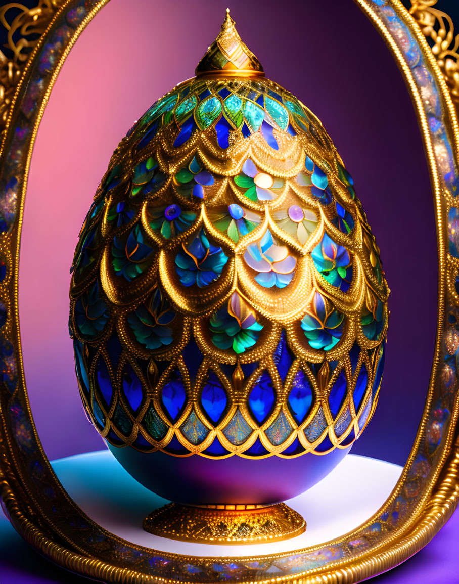 Jeweled peacock feather egg on stand, purple background, golden frame