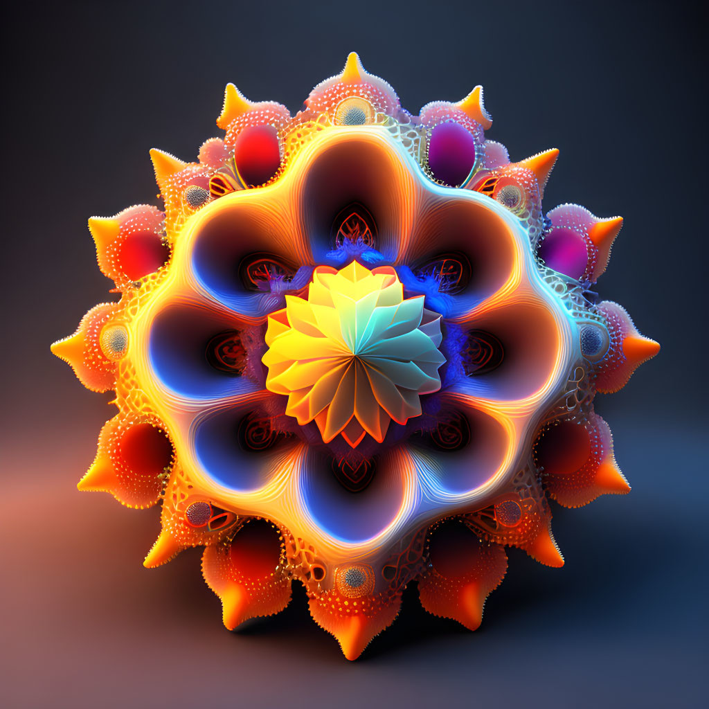 Colorful 3D fractal flower in orange, blue, and purple on dark backdrop