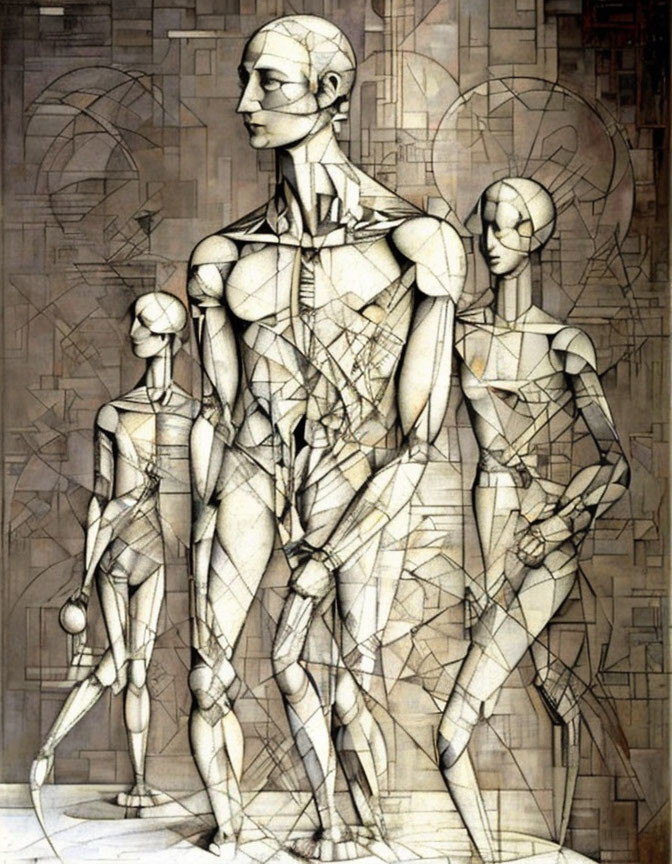 Cubist-style drawing of three mechanical human figures