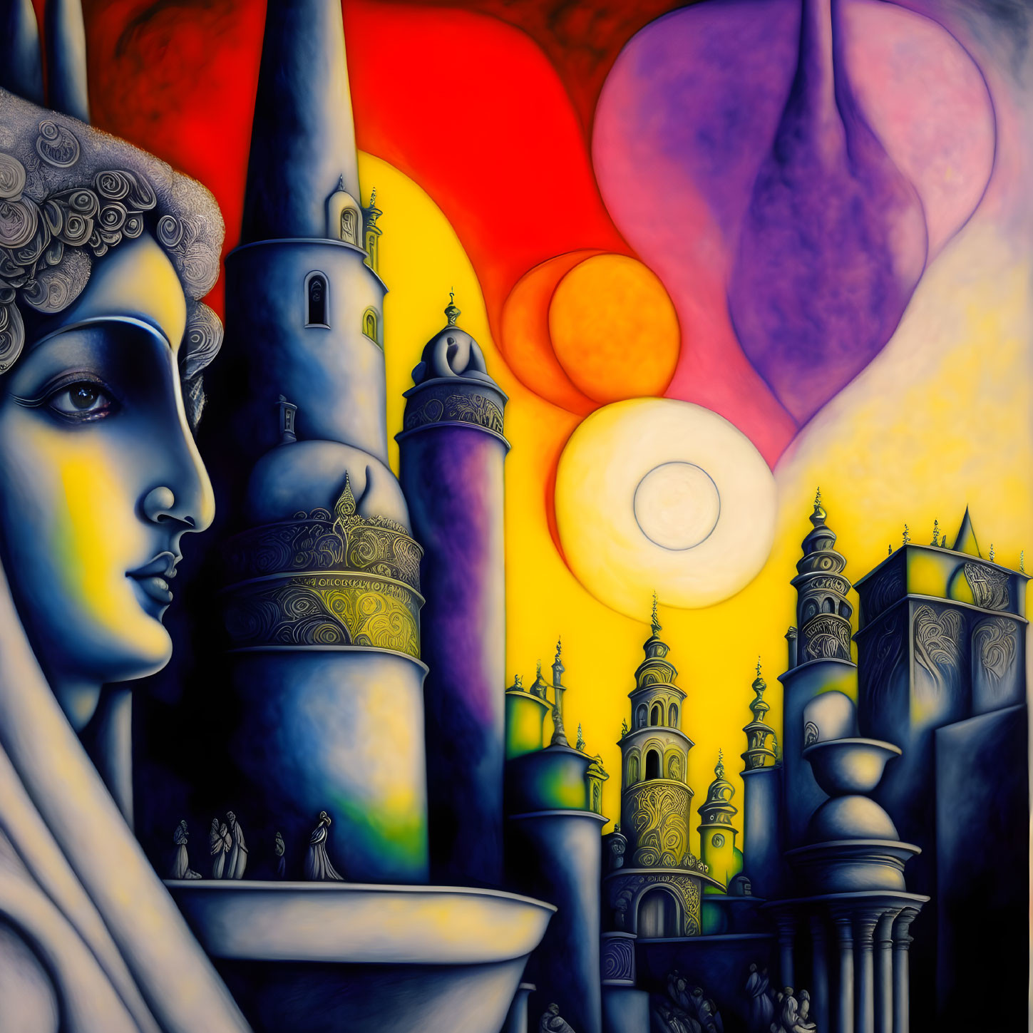 Colorful surreal illustration of woman's face with fantastical cityscape and multiple suns or moons in