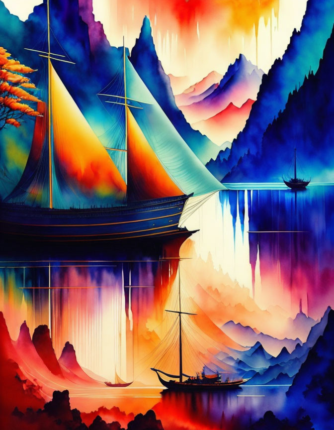 Colorful sailboat artwork with mirrored effect against mountainous backdrop