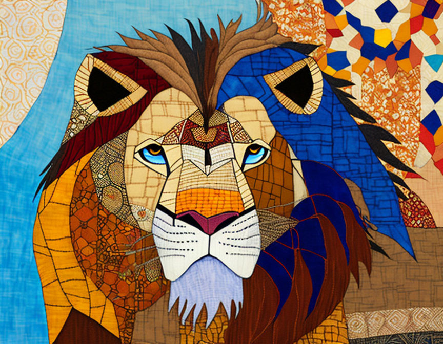 Colorful Mosaic-Style Lion's Head Illustration with Quilt-Like Background