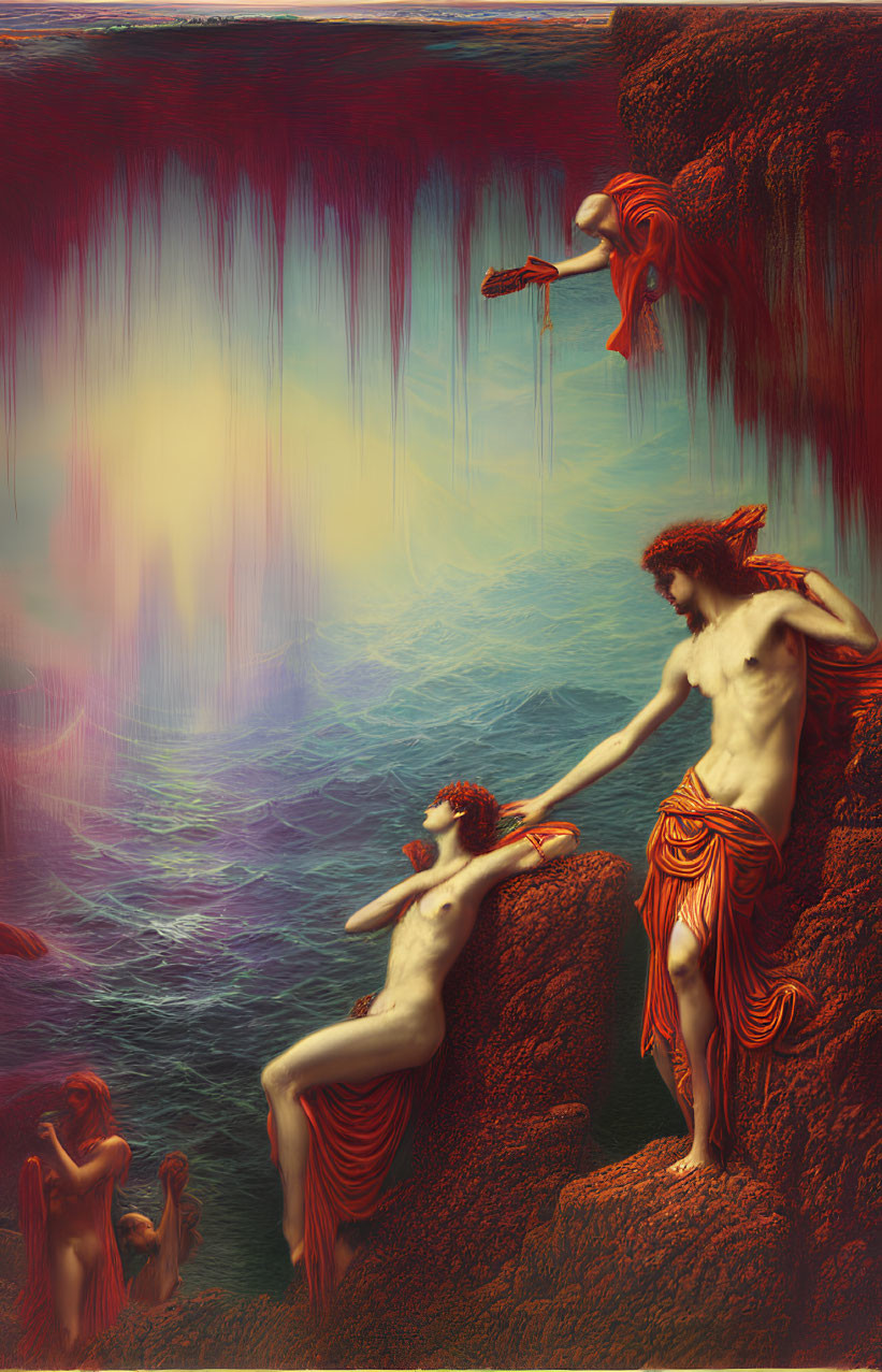 Surreal Artwork of Mythological Figures on Cliff with Vibrant Reds and Blues