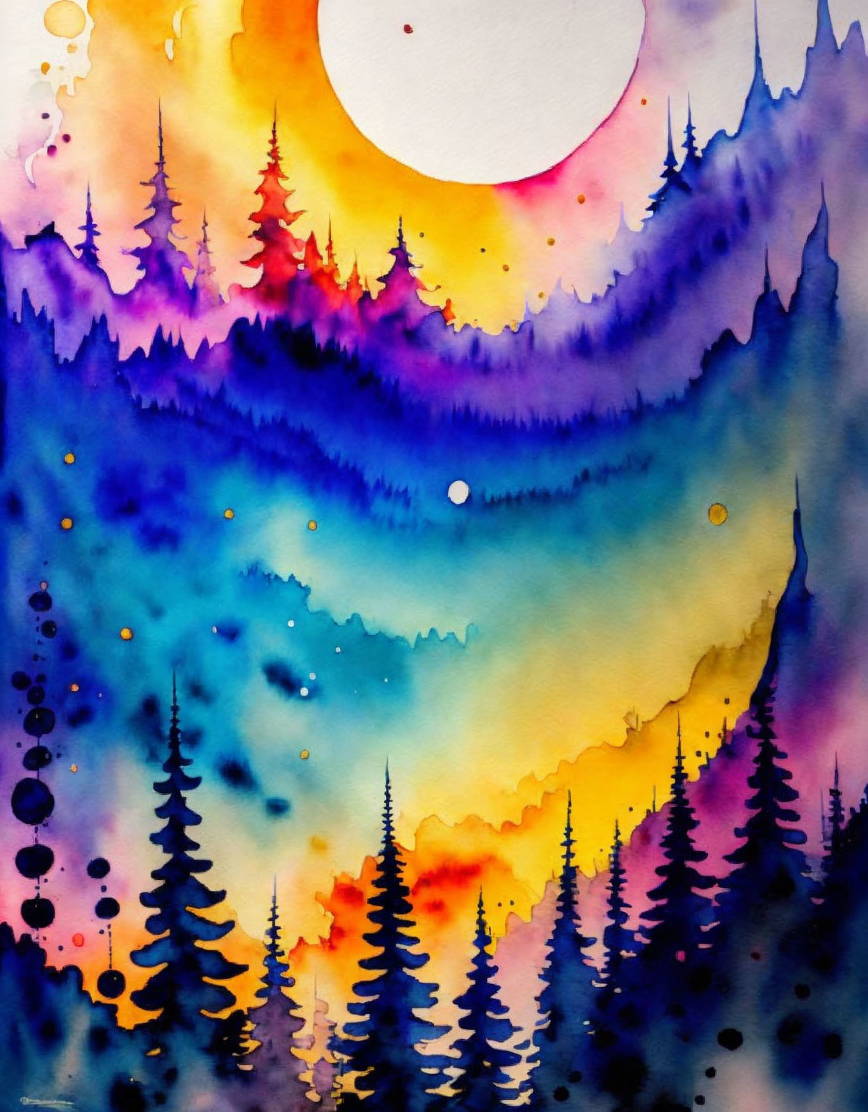 Colorful Watercolor Painting: Vibrant Mountains, Moon, and Trees