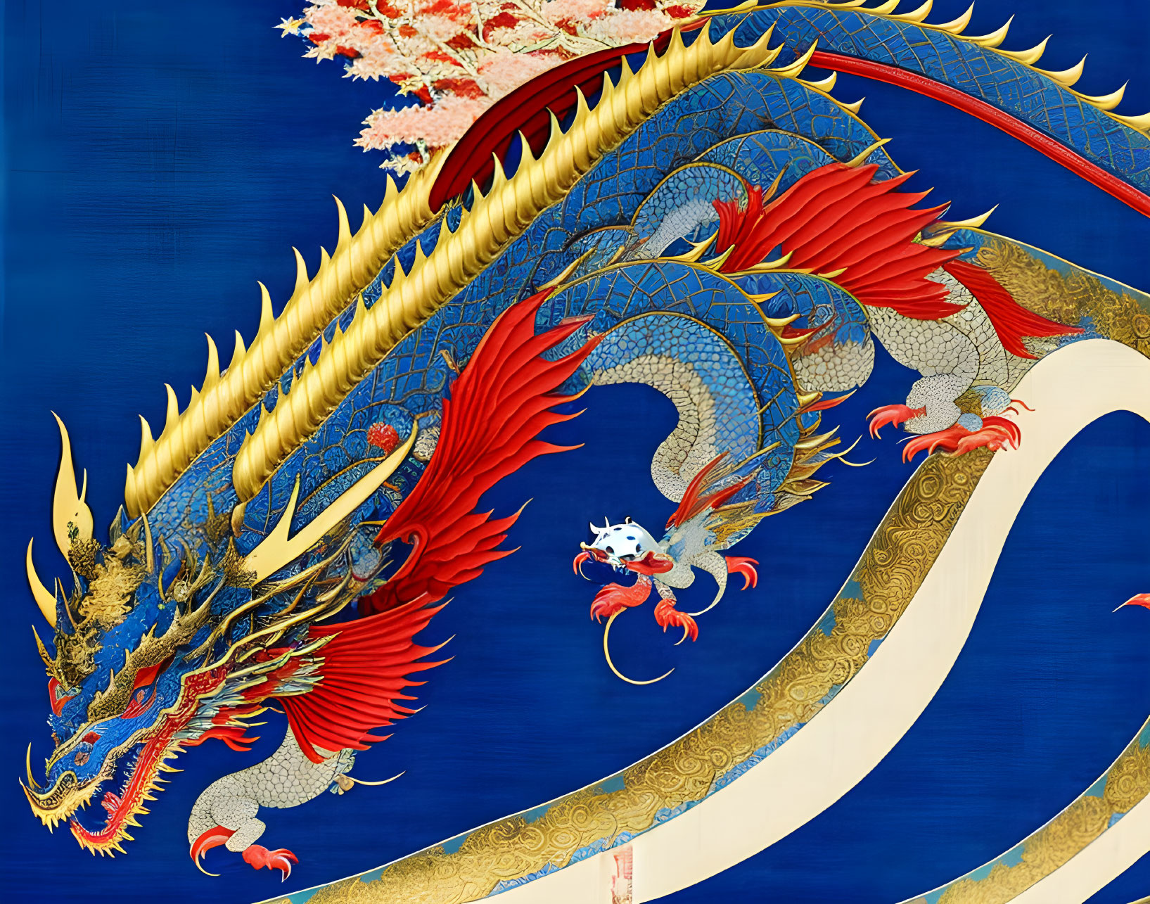 Detailed Asian dragon illustration in vibrant blue and red with cherry blossoms on deep blue background