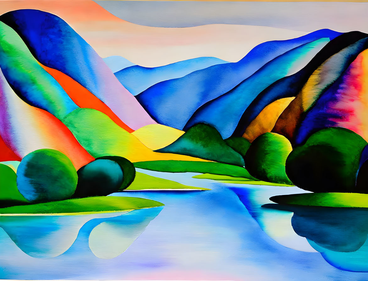 Colorful painting of stylized mountains reflecting on water