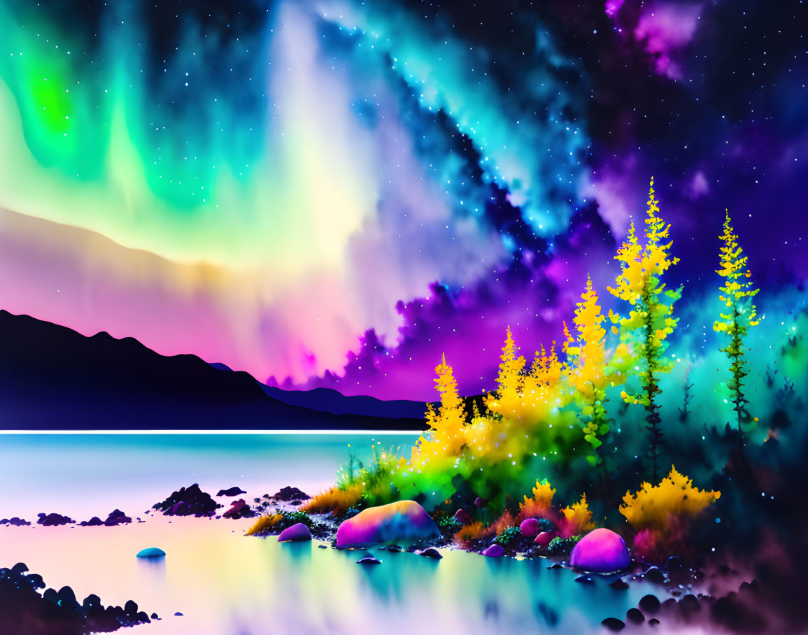 Colorful Northern Lights over serene lake, starry sky, mountains, and vibrant trees.