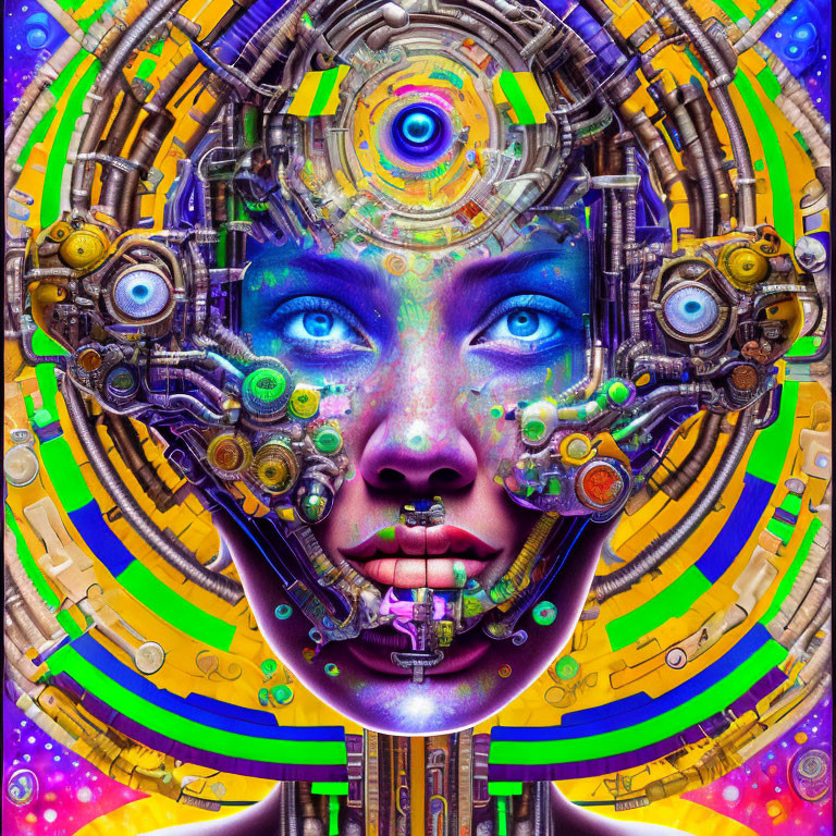 Digital artwork of humanoid face with mechanical features and camera lens eye.