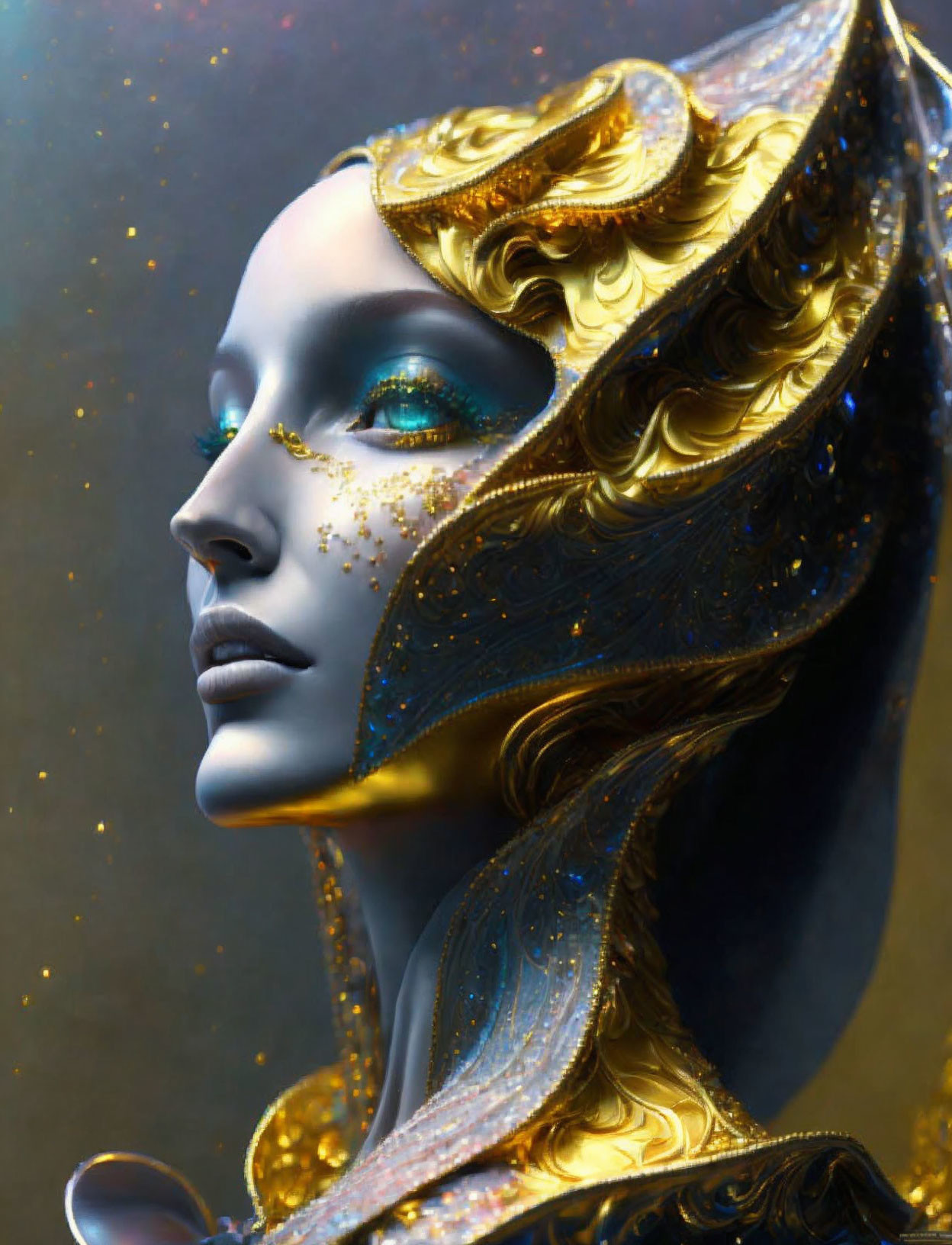 Person with Fantasy-Style Makeup and Gold Headpiece Detail